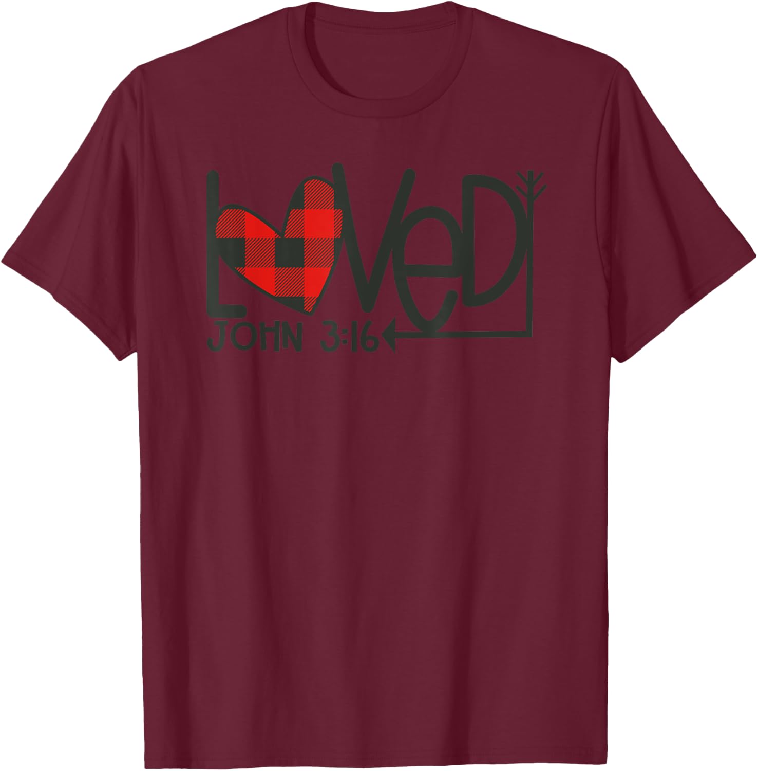 Loved John 3:16 Plaid Heart Christian Valentines Day T-Shirt - T-Shirt | Maroon