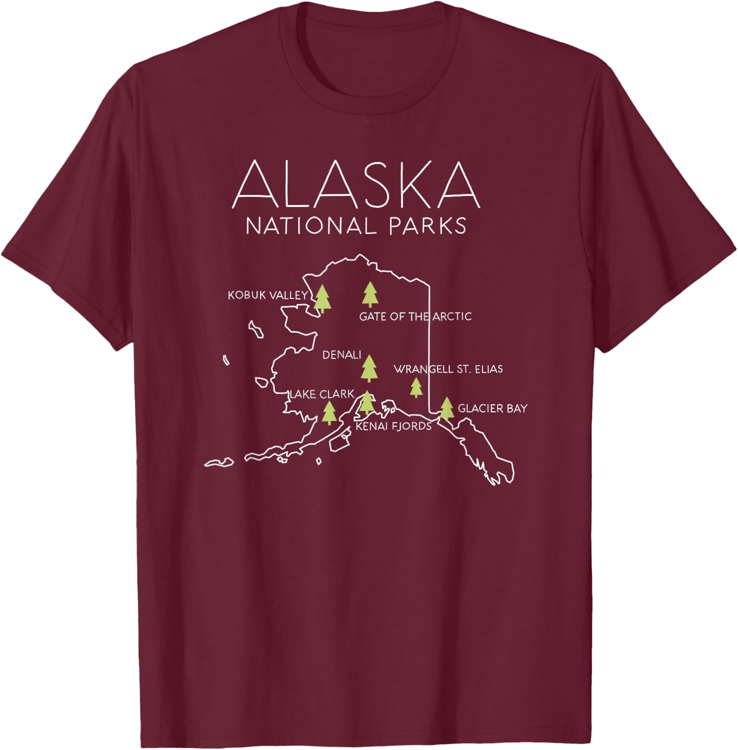 Alaska National Park Map Denali Gates Arctic Anchorage Snow T-Shirt - T-Shirt | Maroon