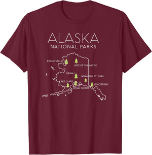Alaska National Park Map Denali Gates Arctic Anchorage Snow T-Shirt - T-Shirt | Maroon