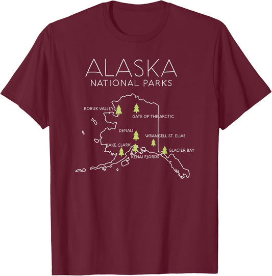 Alaska National Park Map Denali Gates Arctic Anchorage Snow T-Shirt - T-Shirt | Maroon