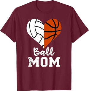 Ball Mom Heart Funny Volleyball Basketball Mom T-Shirt - T-Shirt | Maroon