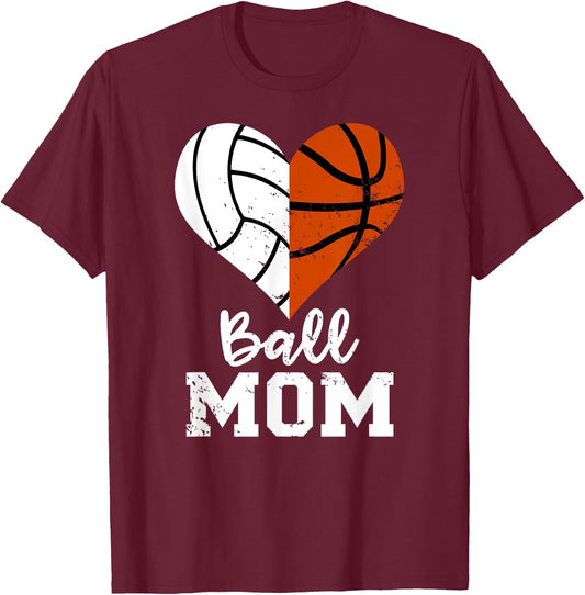 Ball Mom Heart Funny Volleyball Basketball Mom T-Shirt - T-Shirt | Maroon