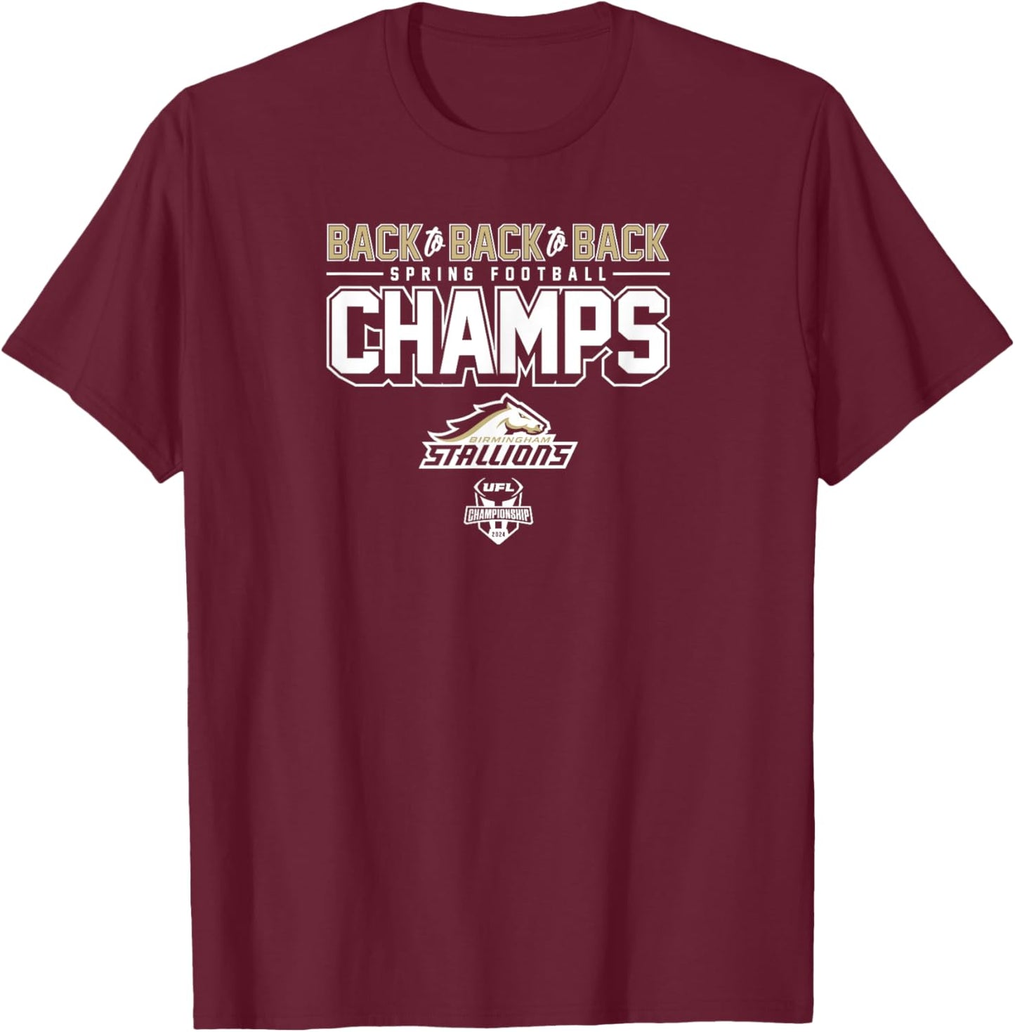 Birmingham Stallions - Back-to-Back-to-Back Spring Champs T-Shirt - T-Shirt | Maroon