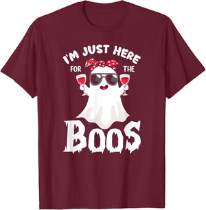 Funny Halloween, Just Here for the Boos, Ghost Drinking Wine T-Shirt - T-Shirt | Maroon