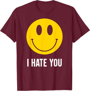 Retro Vintage Yellow Happy Smile Face Emoticon I Hate You T-Shirt - T-Shirt | Maroon