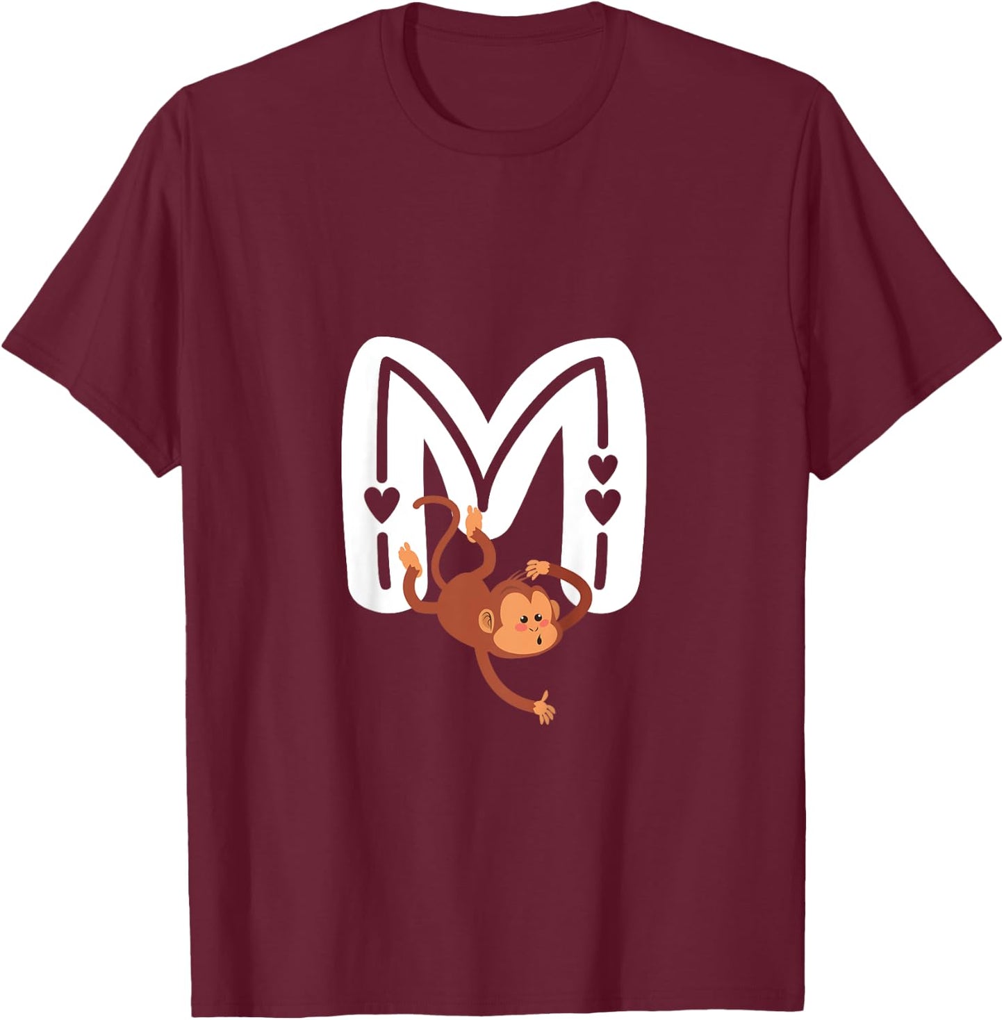 Cute Monkey Letter M Initial Alphabet Monogram Boys Girls T-Shirt - T-Shirt | Maroon