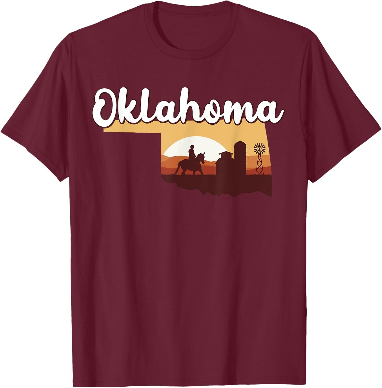 Oklahoma Map Horse Riding Cowboy Barn Windmill Souvenir T-Shirt - T-Shirt | Maroon