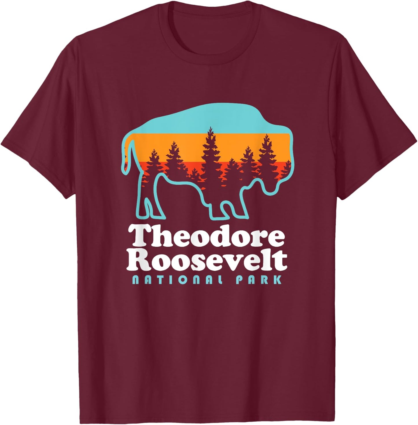 Theodore Roosevelt National Park Camping Bison Retro T-Shirt - T-Shirt | Maroon