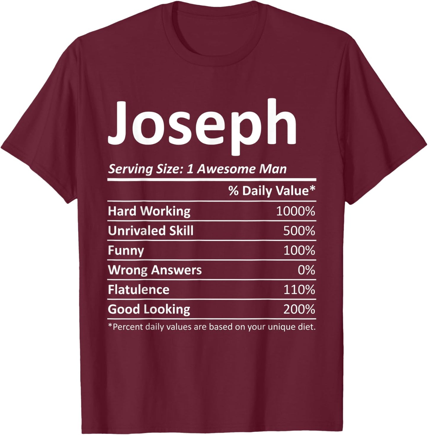 JOSEPH Nutrition Funny Birthday Personalized Name Gift T-Shirt - T-Shirt | Maroon