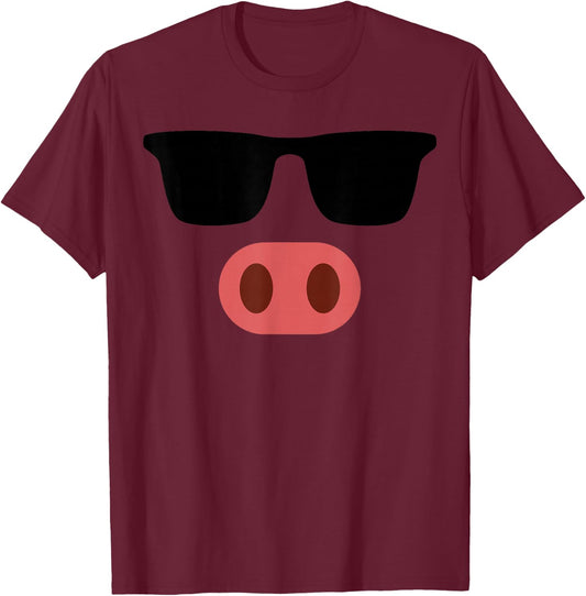 Funny Pink Pig Face Cool Sunglasses Cute Halloween Costume T-Shirt - T-Shirt | Maroon