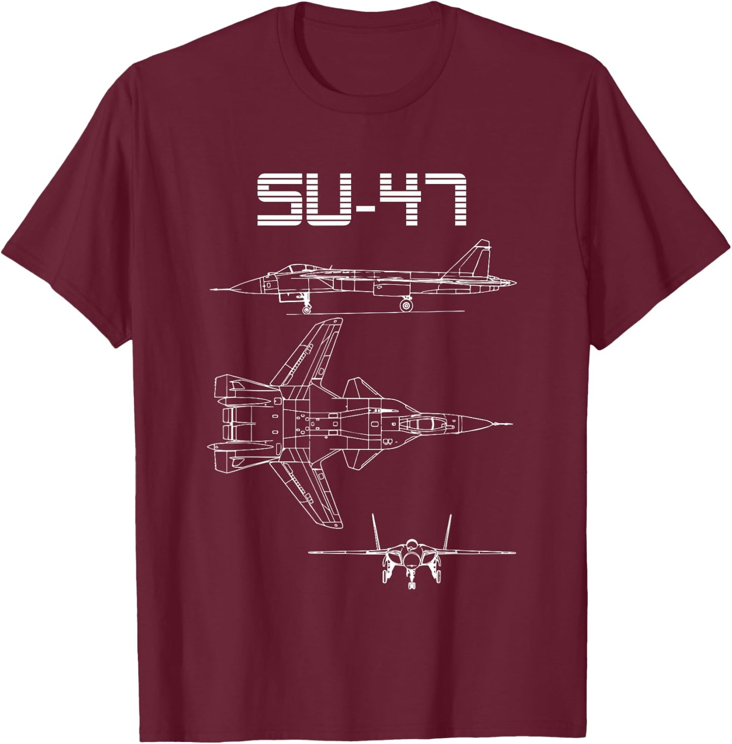 Su-47 Fighter Plane Warbird Blueprint Schematics Diagram T-Shirt - T-Shirt | Maroon