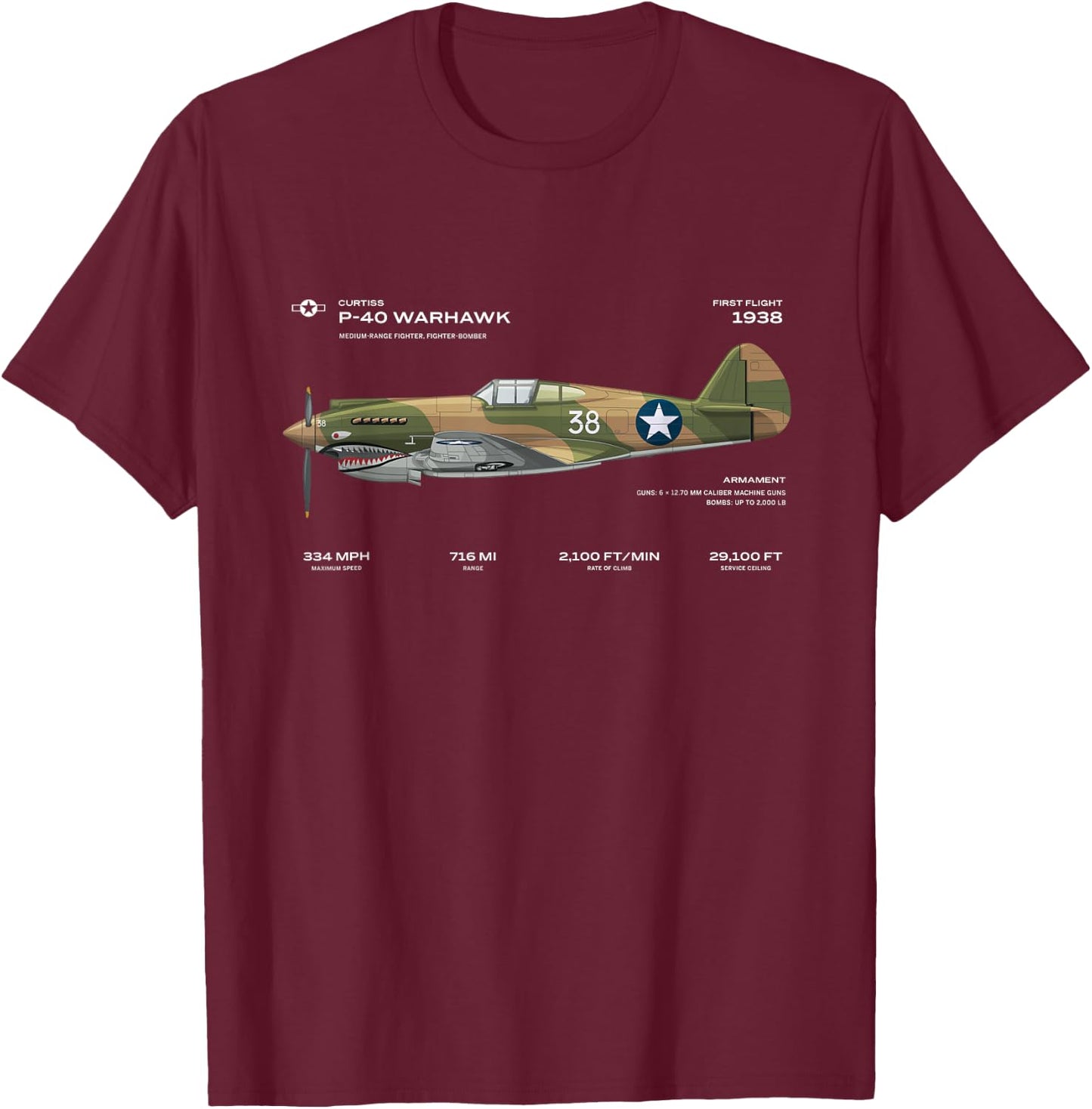 P-40 Warhawk US WWII Airplane Historic War Bird Fighter bomb T-Shirt - T-Shirt | Maroon
