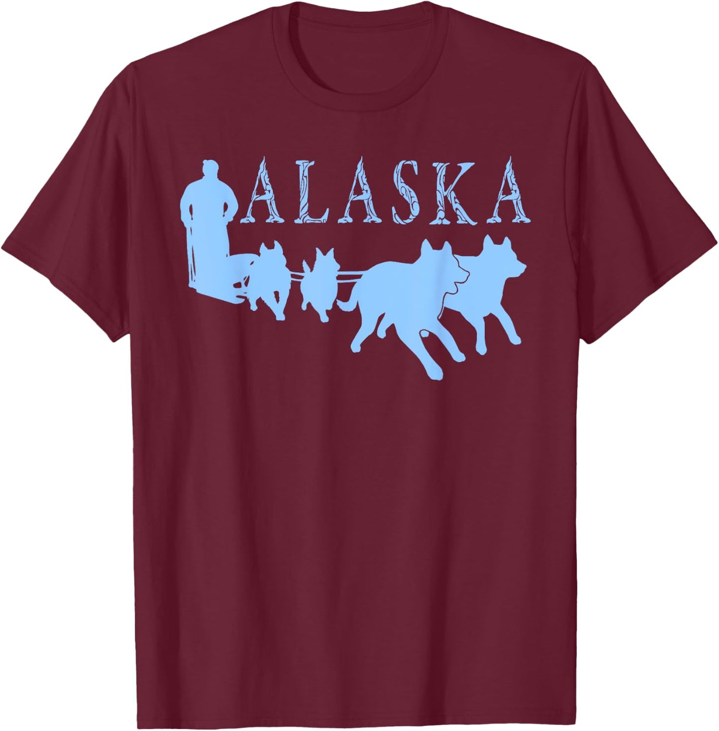 Alaska Sled Dogs Mushing Team Snow Sledding Mountain Scene T-Shirt - T-Shirt | Maroon