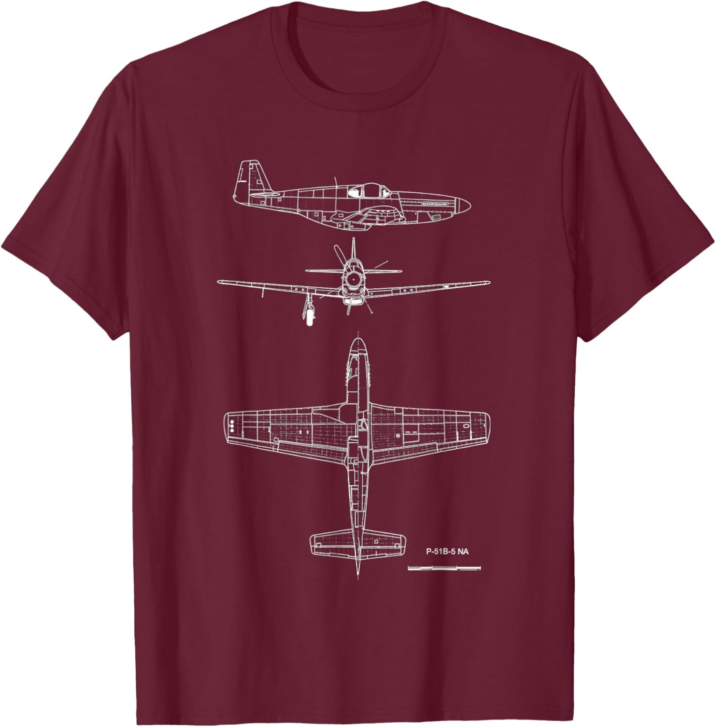 North American P-51 Mustang WW2 Fighter Blueprint T-Shirt - T-Shirt | Maroon