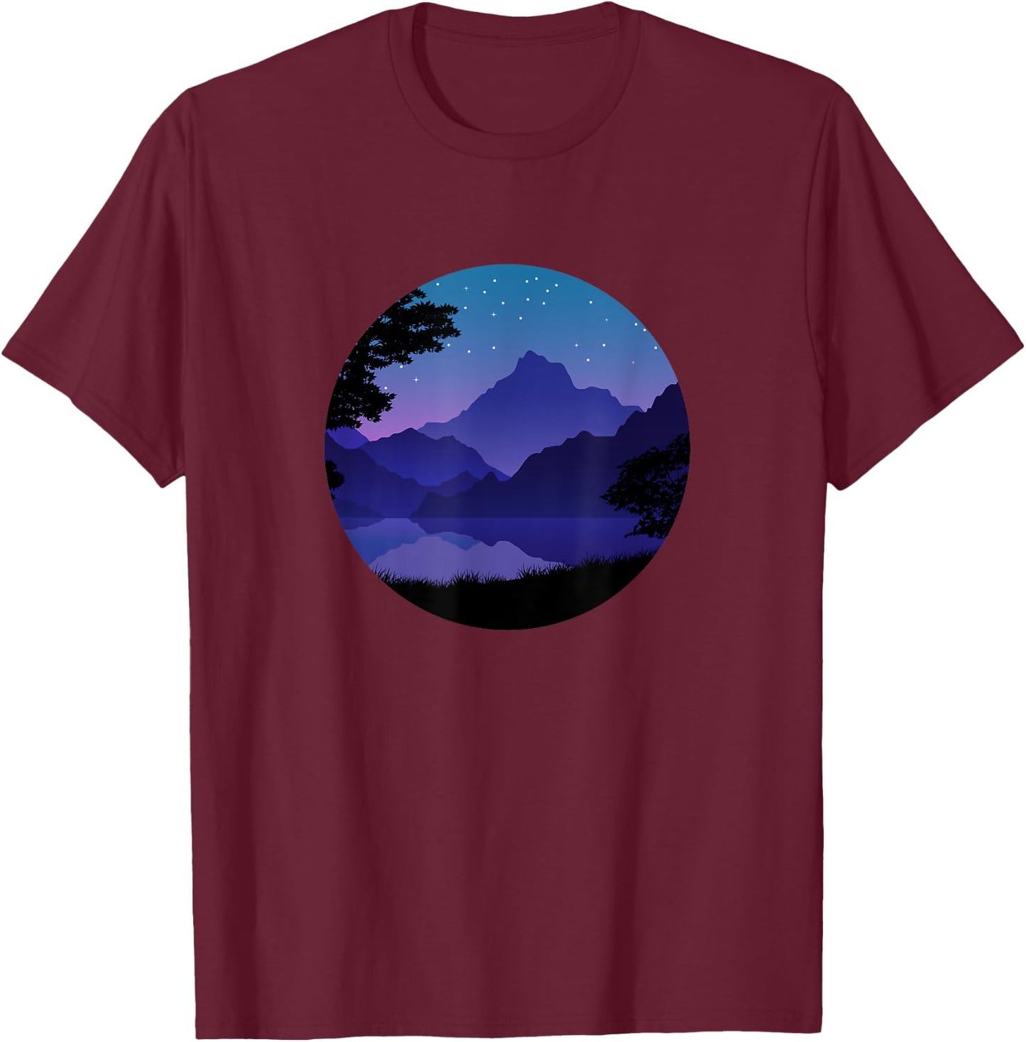 Mountain Silhouette Forest Lake Reflection T-Shirt - T-Shirt | Maroon