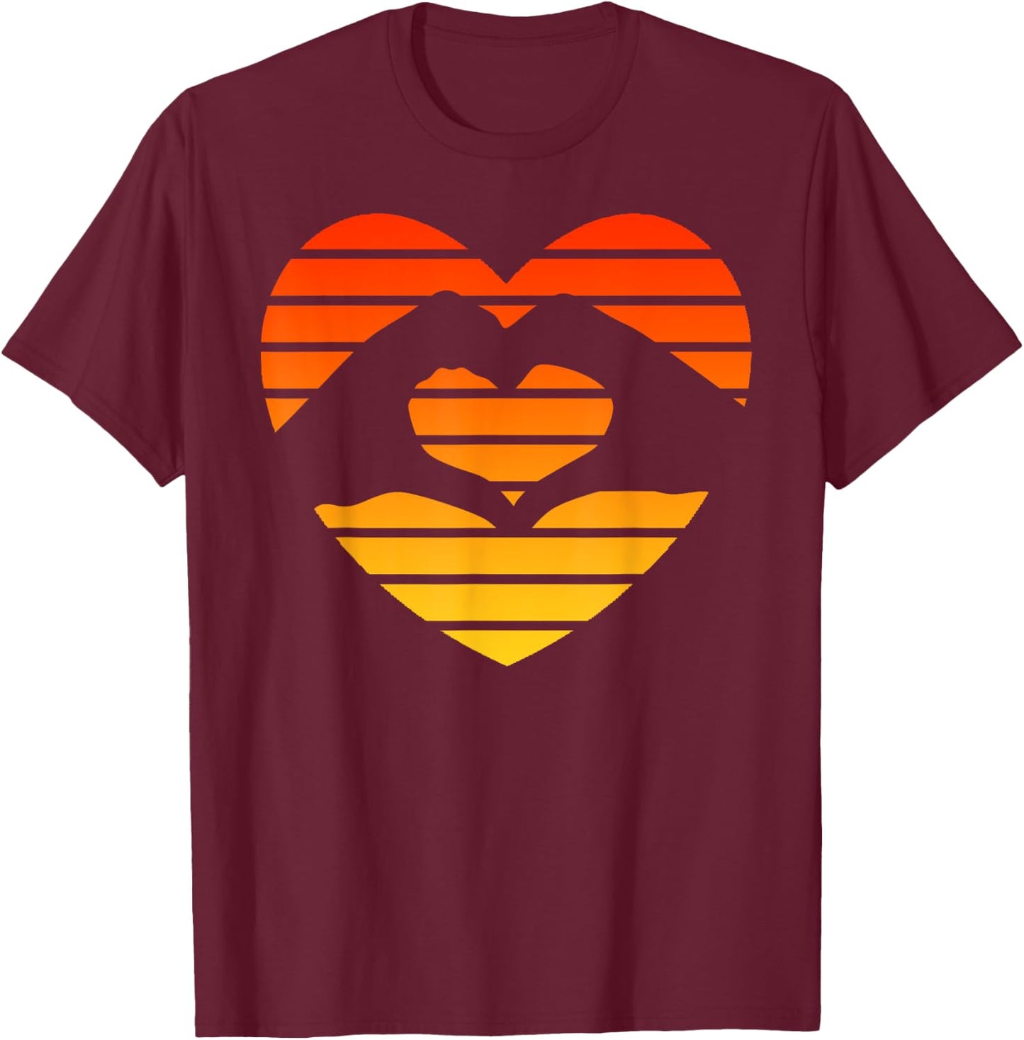 Sunset Sunrise Love Heart Hands Over Sun T-Shirt - T-Shirt | Maroon