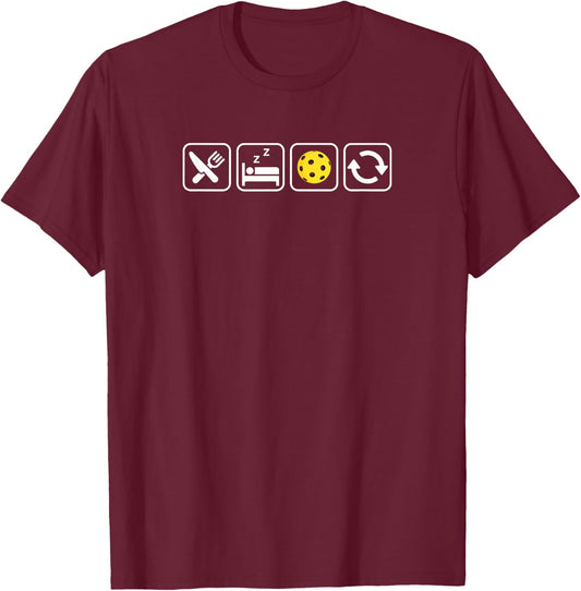 Style Hermit Eat Sleep PICKLEBALL Repeat -Adults Black Short Sleeve Modern Letter Print Small T-Shirt - T-Shirt | Maroon