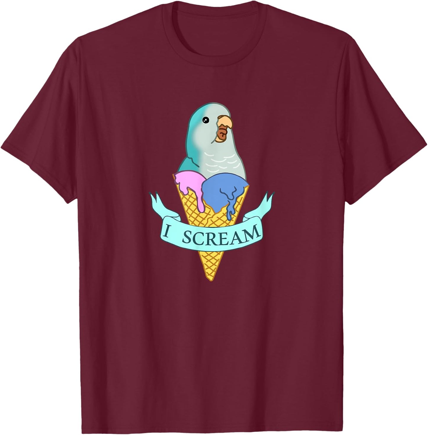 I scream Quaker Parrot, Funny Ice cream Blue Monk Parakeet T-Shirt - T-Shirt | Maroon