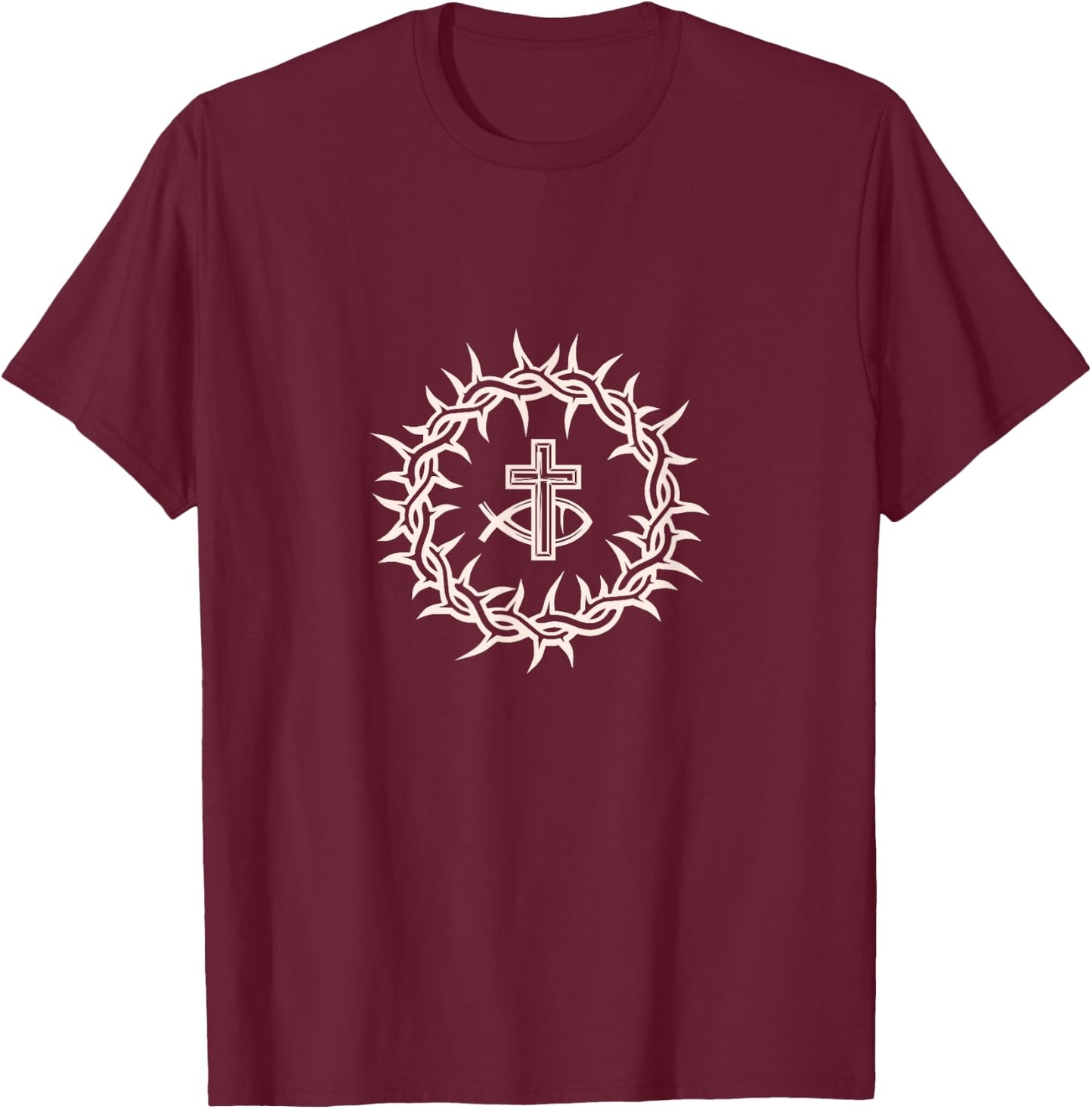 Crown of Thorn Ichthys Jesus Christ God Christianity Crucifix T-Shirt - T-Shirt | Maroon