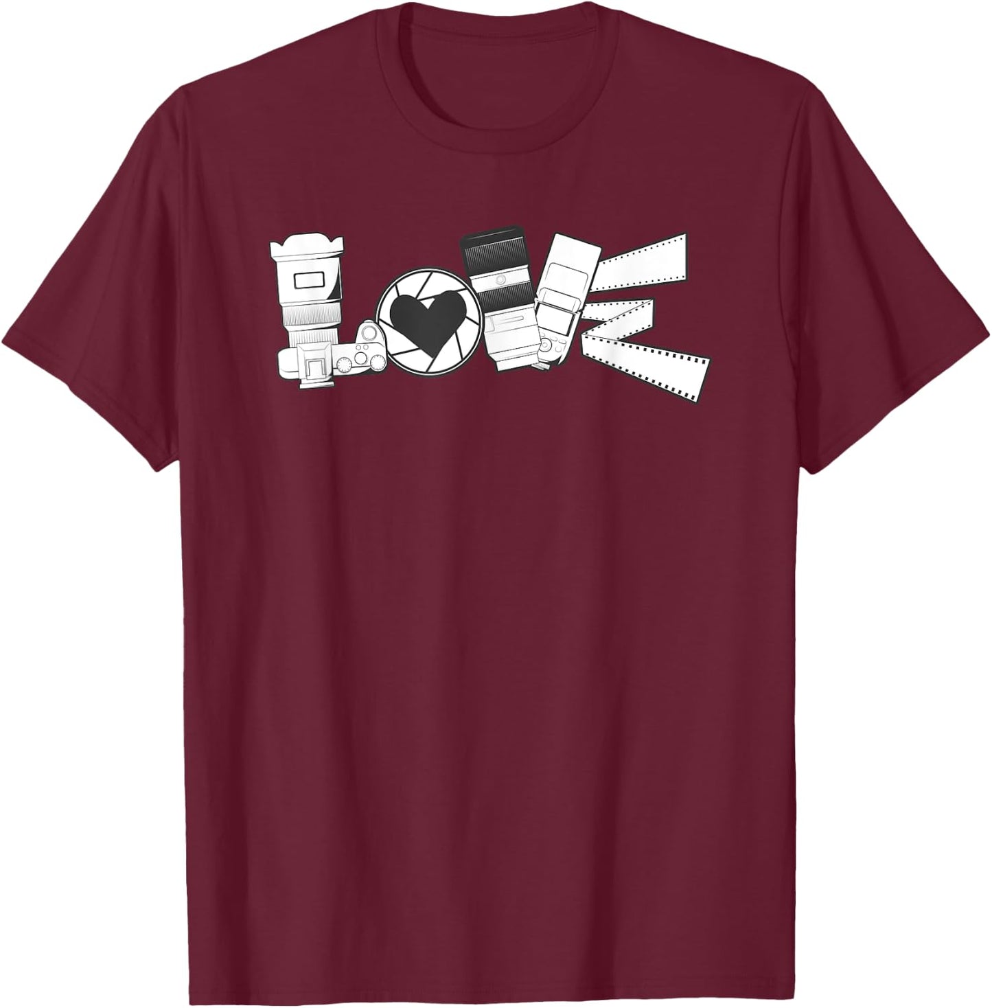 Love Photography Spelled With Mirrorless Dslr Camera Flash T-Shirt - T-Shirt | Maroon