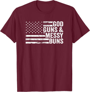 GOD GUNS & MESSY BUNS - Pro Gun American Flag T-Shirt - T-Shirt | Maroon