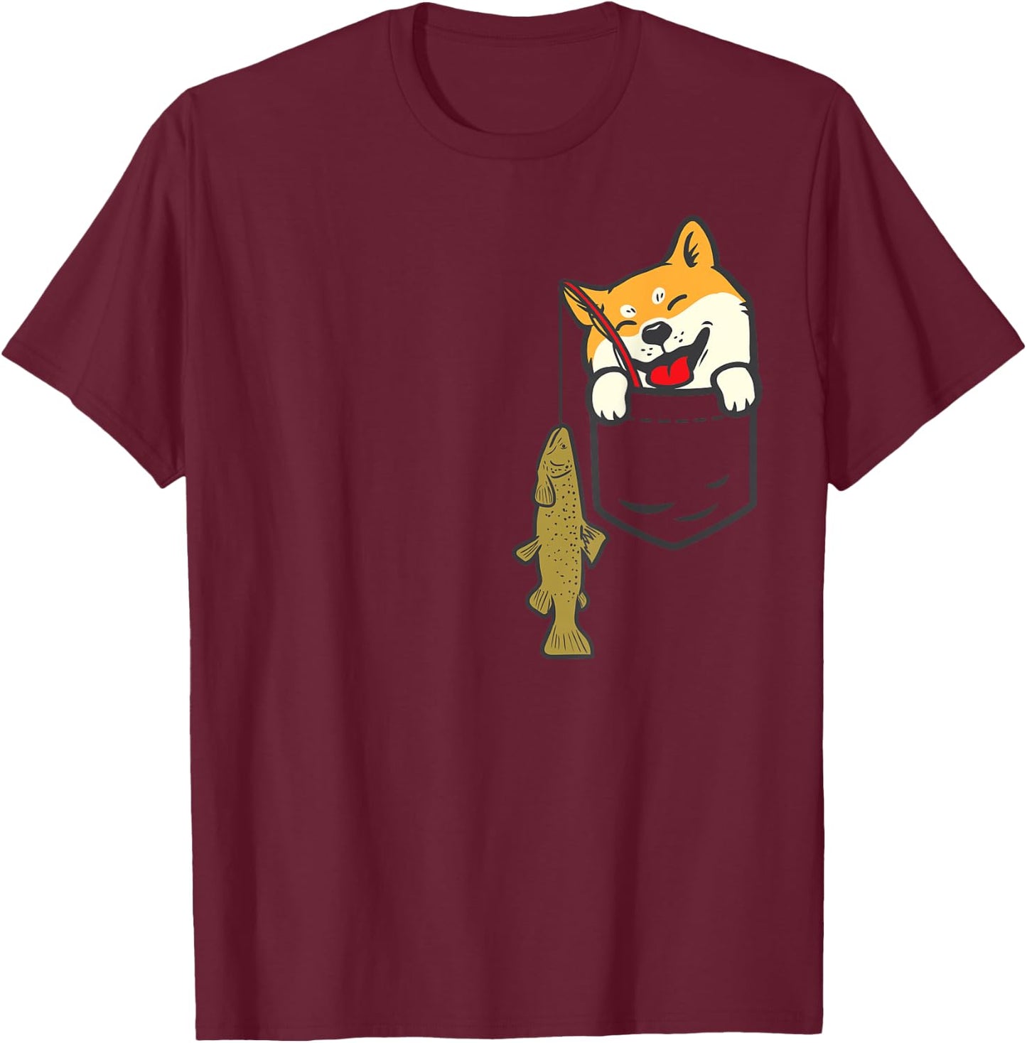 Pocket Shiba Inu Dog Fishing Cute Japanese Fisherman Gift T-Shirt - T-Shirt | Maroon