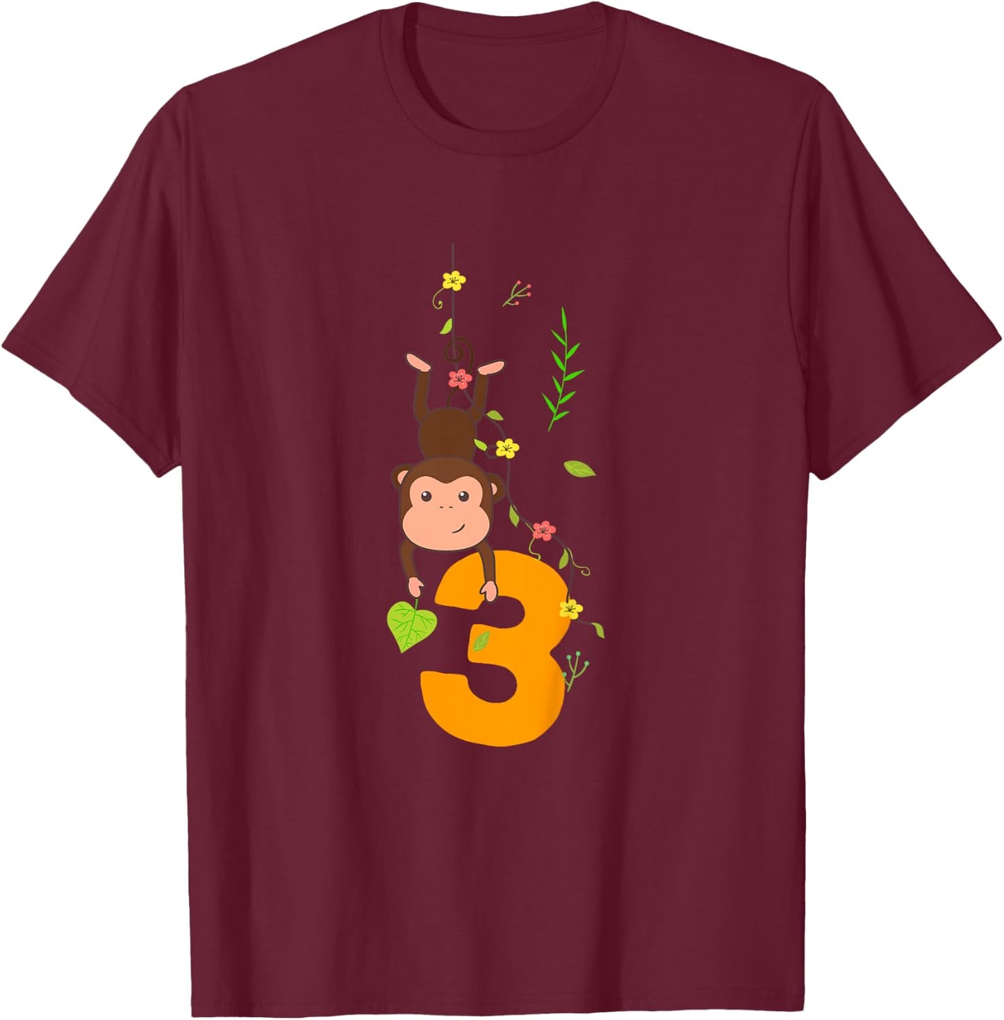 Kids Funny Cute Monkey Lover 3rd Birthday Three 3 Yr 3 Year Old T-Shirt - T-Shirt | Maroon