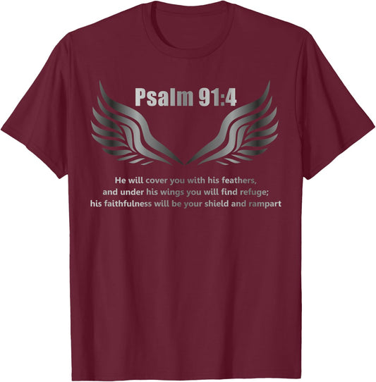 Christian Bible Verse Quote Psalm 91 4 Design on the Back T-Shirt - T-Shirt | Maroon