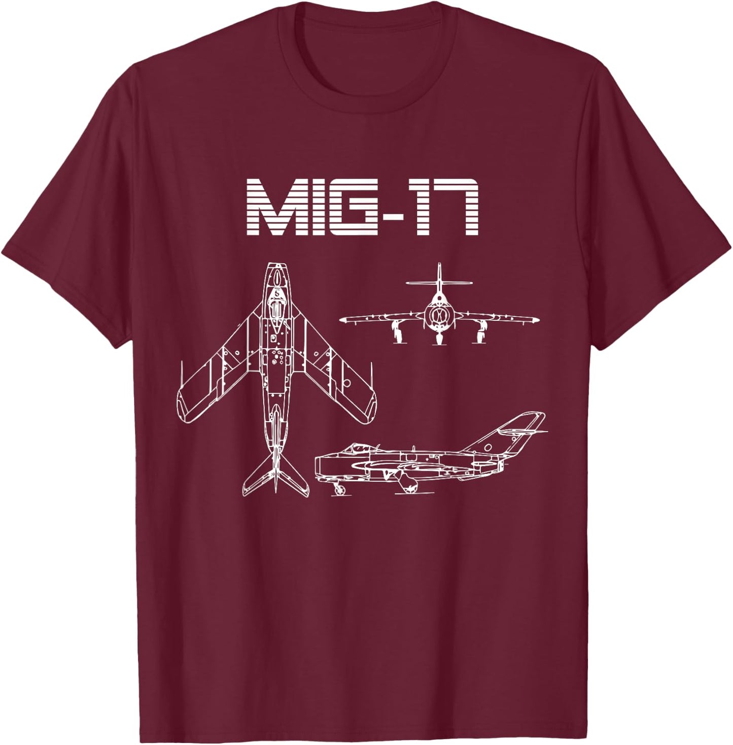 Mig-17 Soviet Plane Warbird Blueprint Schematics Diagram T-Shirt - T-Shirt | Maroon
