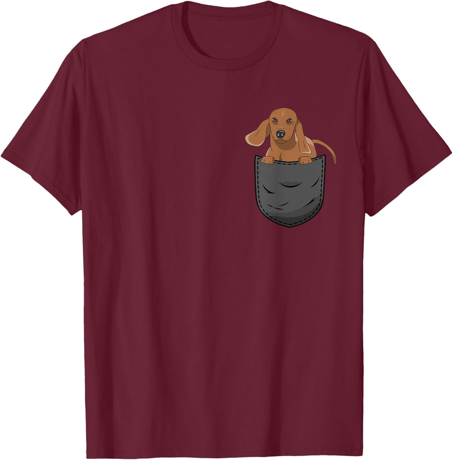 Dachshund Pocket Clothing Dachshund Pocket - Adults - Black - Short Sleeve - Cartoon Dachshund - - Classic Fit - All Seasons - Imported - Cotton Blend - Machine Wash - Small T-Shirt - T-Shirt | Maroon