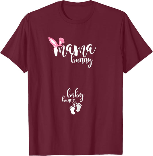 Mama Bunny Baby Bunny Pregnant Mom Easter Pregnancy Reveal T-Shirt - T-Shirt | Maroon