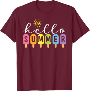 Hello Summer Cool Colorful Popsicle Graphic Summer Vacation T-Shirt - T-Shirt | Maroon