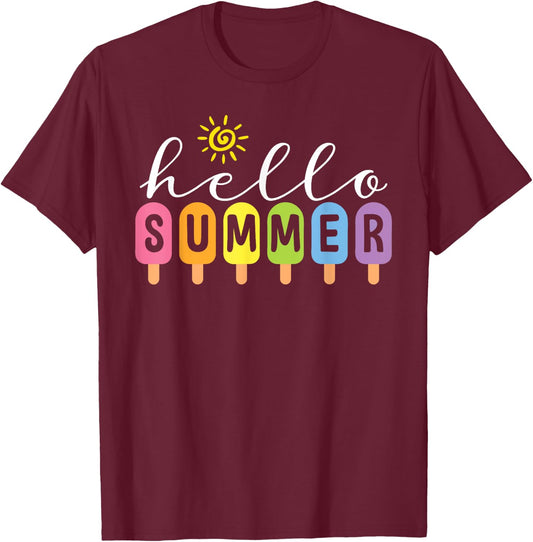 Hello Summer Cool Colorful Popsicle Graphic Summer Vacation T-Shirt - T-Shirt | Maroon