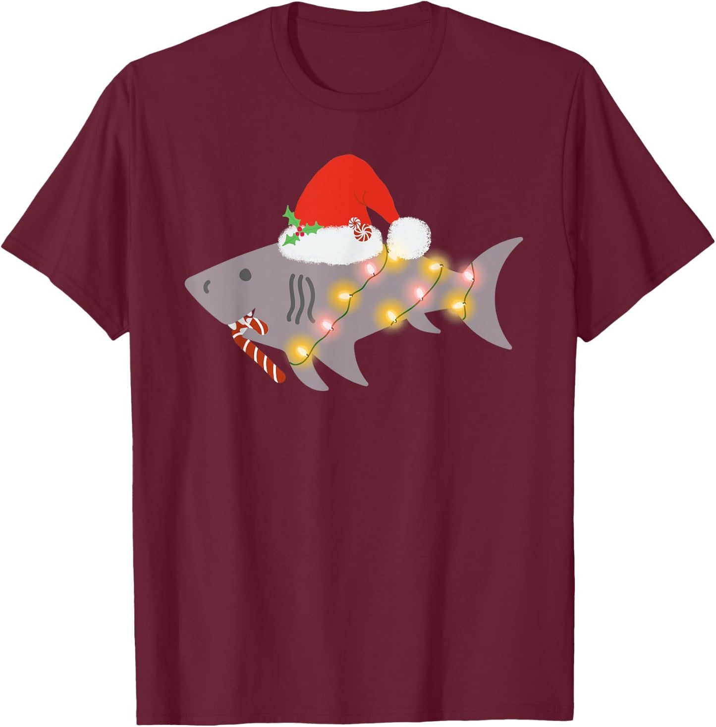 Shark Santa Hat Candy Cane Peppermint Candies Christmas T-Shirt - T-Shirt | Maroon