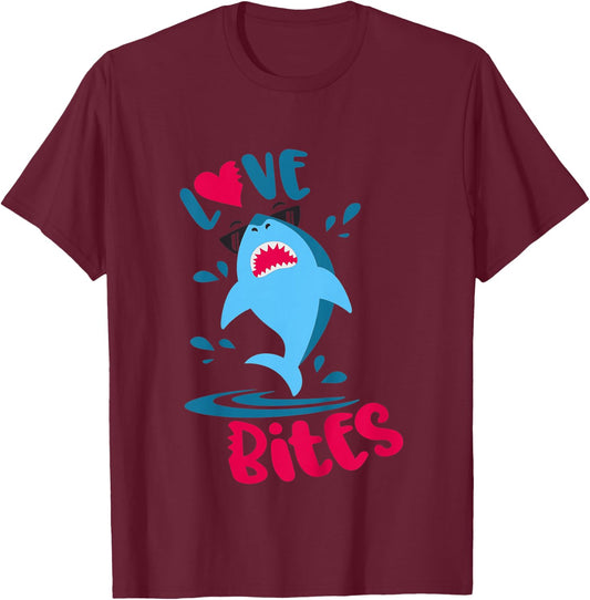 Kids Funny Shark Love Bites Boys Valentines Day T-Shirt - T-Shirt | Maroon