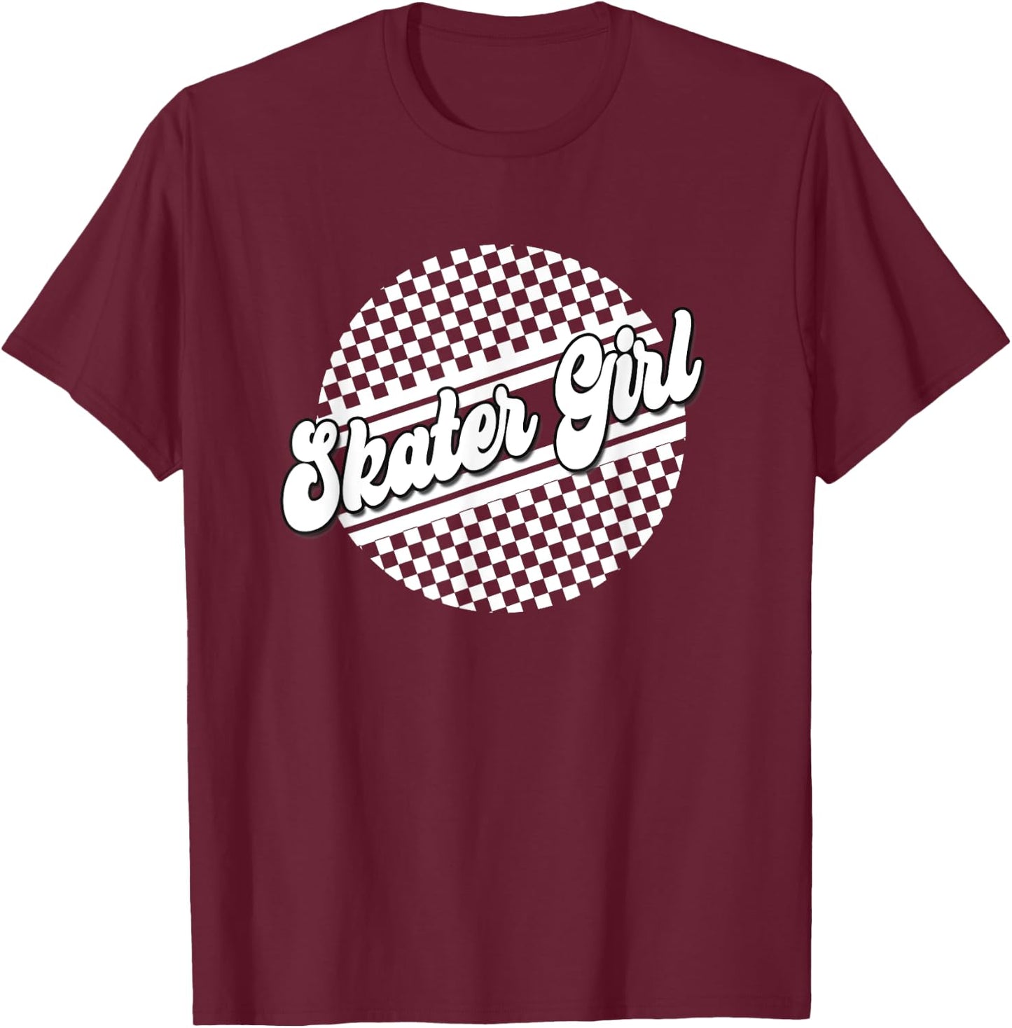 Skater Girl Checkered Skate Wear Black & White T-Shirt - T-Shirt | Maroon