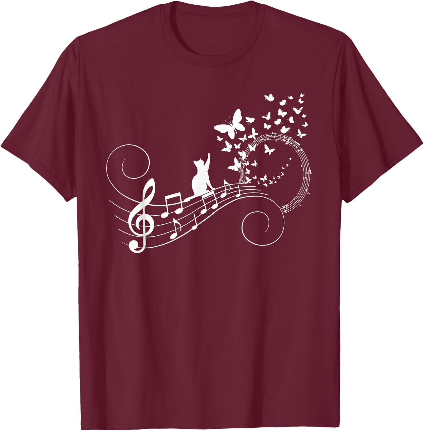 Funny Treble Clef Instrument Music Notes Butterflies Kitty T-Shirt - T-Shirt | Maroon