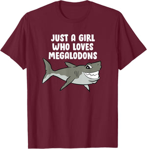 Just a Girl Who Loves Megalodons Kids Cartoon Megalodon T-Shirt - T-Shirt | Maroon