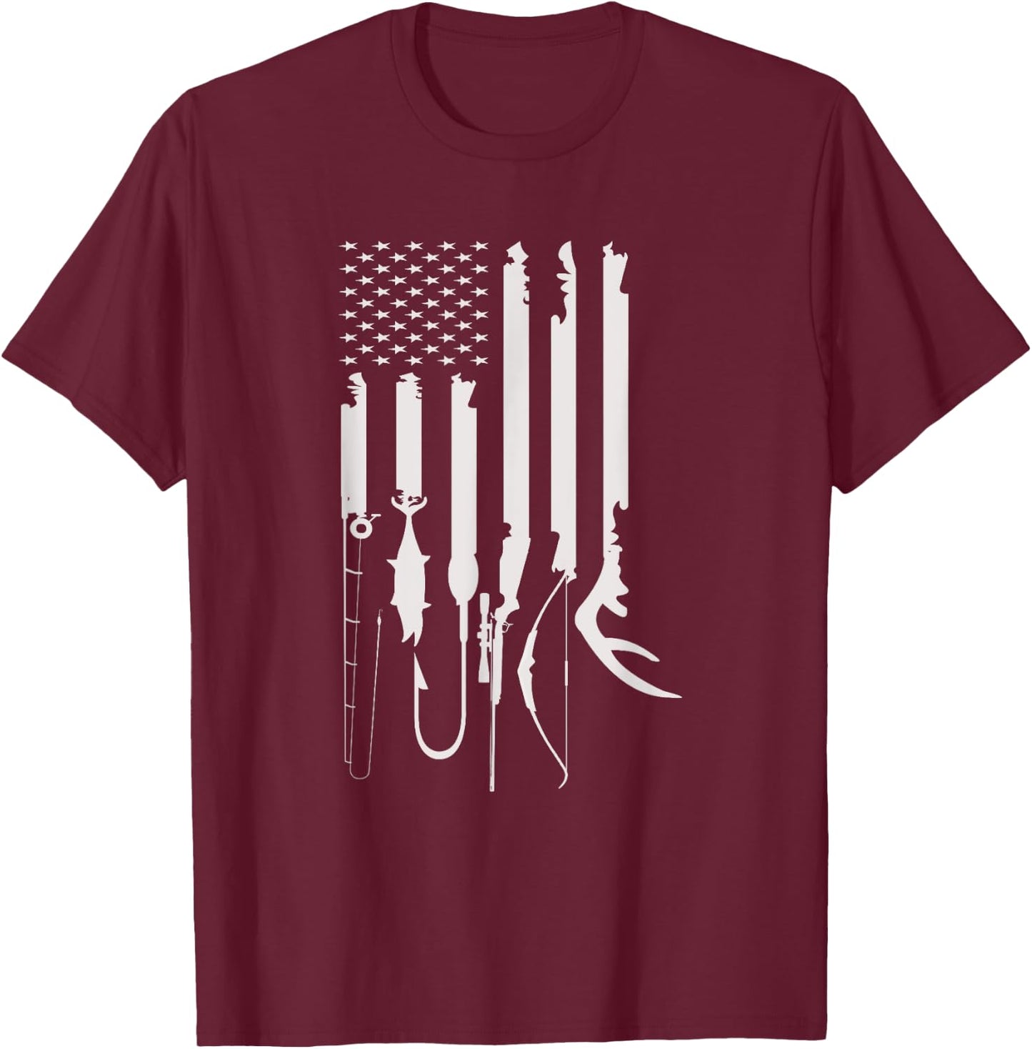 Hunting Fishing USA Flag American Themed Decor T-Shirt - T-Shirt | Maroon