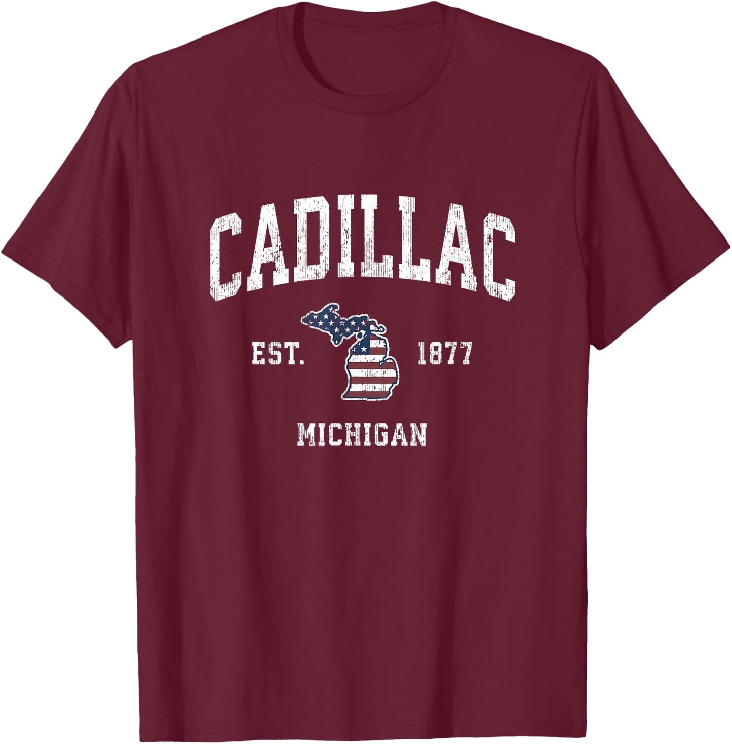 Cadillac Michigan MI Vintage American Flag Sports Design T-Shirt - T-Shirt | Maroon