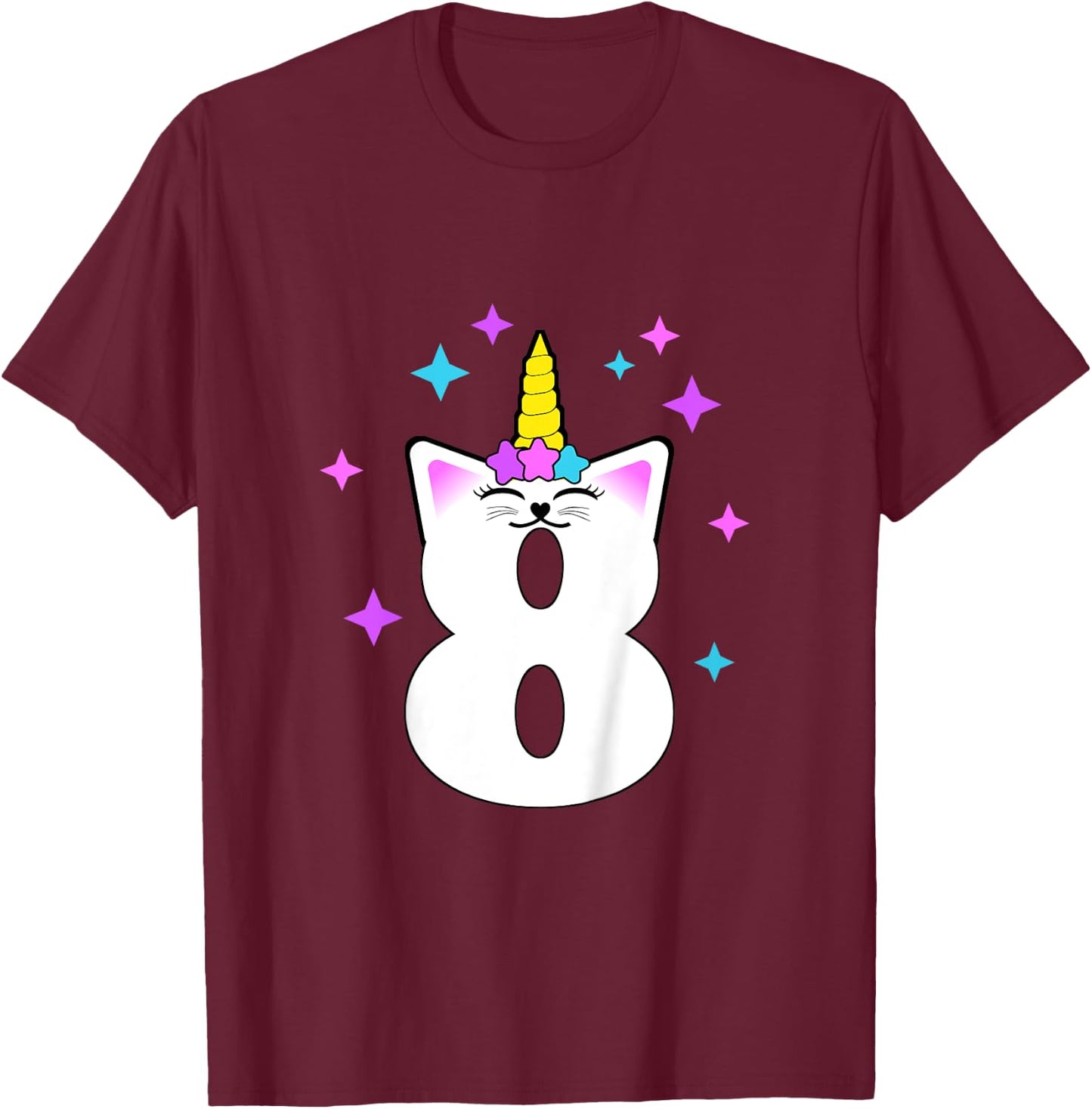 8 Year Old Cat Unicorn Caticorn 8th Birthday Party Girls T-Shirt - T-Shirt | Maroon