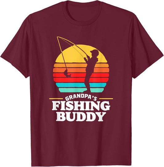 Grandpa's Fishing Buddy Cute Retro Kid 80s Sunset T-Shirt - T-Shirt | Maroon