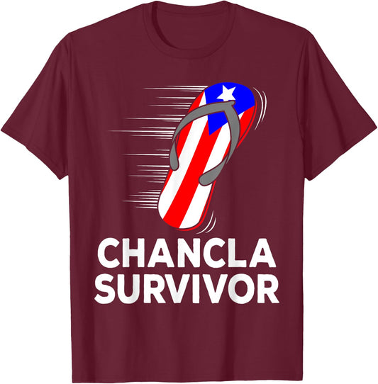 Chancla Survivor Puerto Rico Funny Spanish Joke Gift T-Shirt - T-Shirt | Maroon