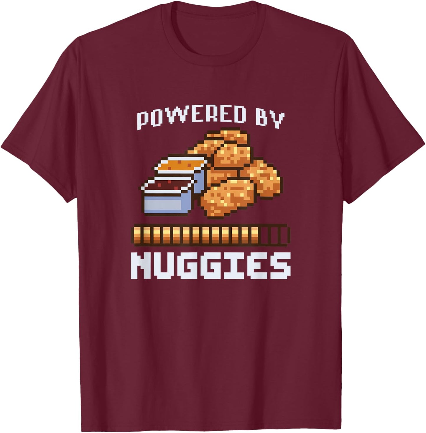 Power By Nuggies Pixalated Art Style Chicken Nugget Funny T-Shirt - T-Shirt | Maroon
