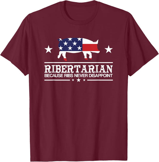 Ribertarian Ribs Pig Patriot Grilling Funny BBQ Smoker Grill T-Shirt - T-Shirt | Maroon