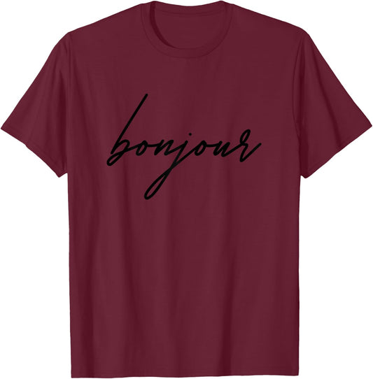 Cute Bonjour Fashion Travel French Paris T-Shirt - T-Shirt | Maroon