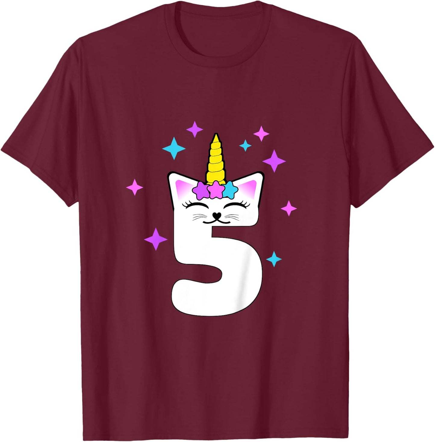 5 Year Old Cat Unicorn Caticorn 5th Birthday Party Girls T-Shirt - T-Shirt | Maroon