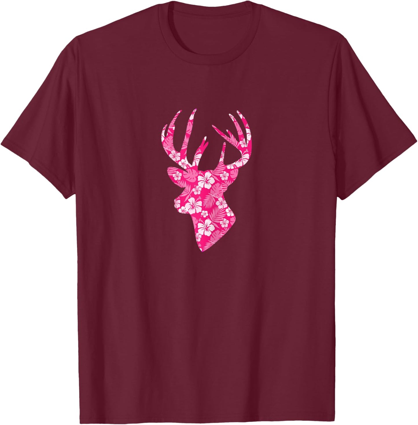 Deer Head Pink Hibiscus Flower Floral Hunting Hunter T-Shirt - T-Shirt | Maroon