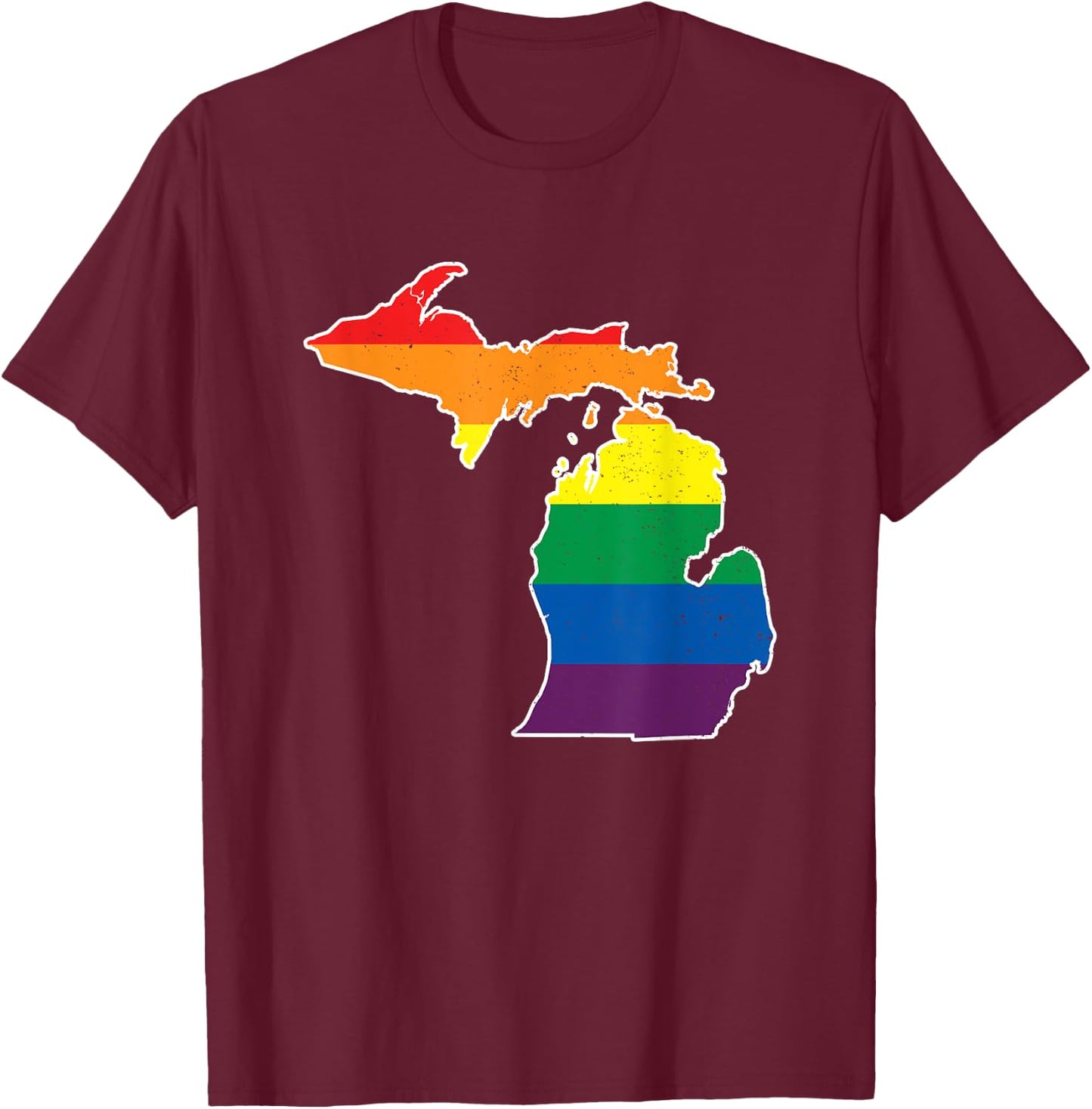 Gay Pride Flag - Michigan State Map - Rainbow Stripes T-Shirt - T-Shirt | Maroon