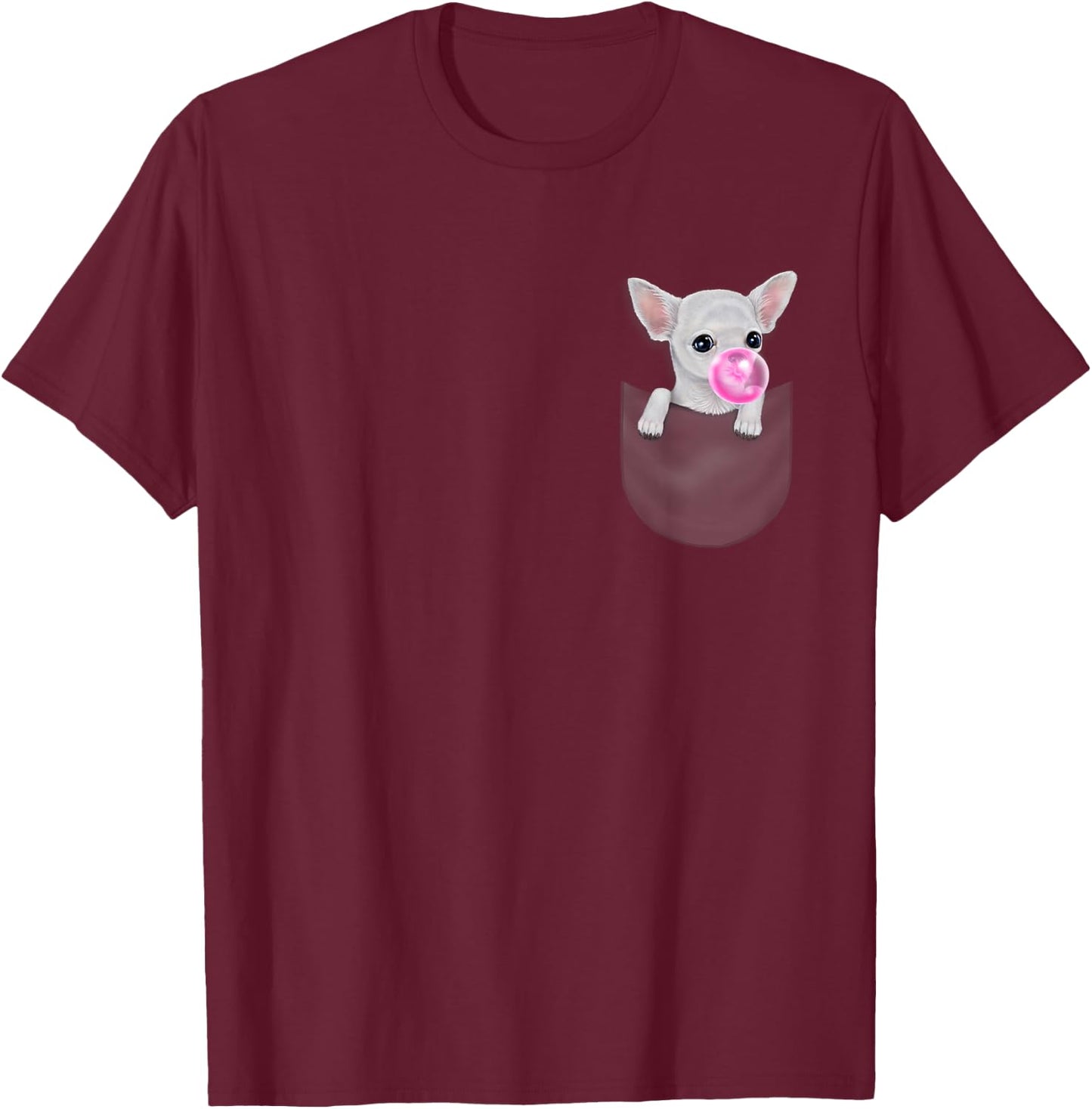 White Chihuahua Dog in Pocket with Bubble Gum T-Shirt - T-Shirt | Maroon